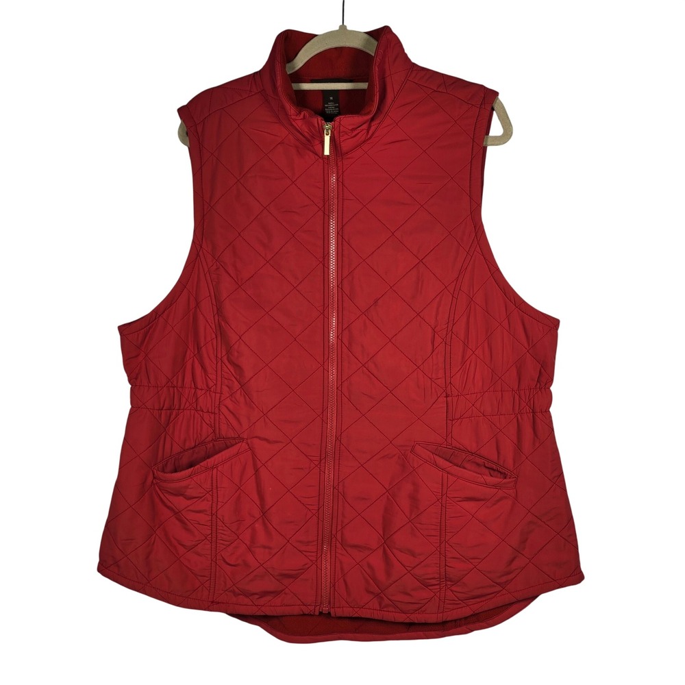 Bit & Bridle Womens 1X Red Quilted Fleece Lined Full Zip Vest Diamond Stitch‎
